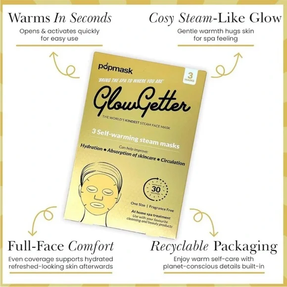 Anthropologie Popmask Glowgetter Spa Self Warming Steam Masks, Box of 3, NIB - Picture 2 of 14